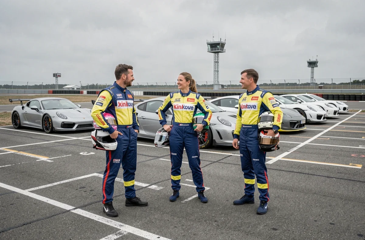 Groupe de participants à un stage de pilotage en combinaison de course devant des voitures alignées sur la grille de départ d'un circuit