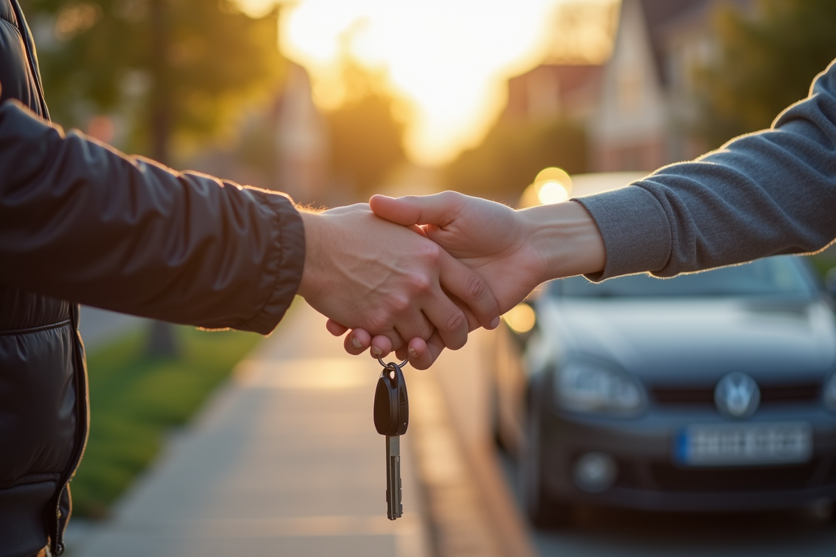 Remise des clés de voiture à un adolescent responsable devant la voiture