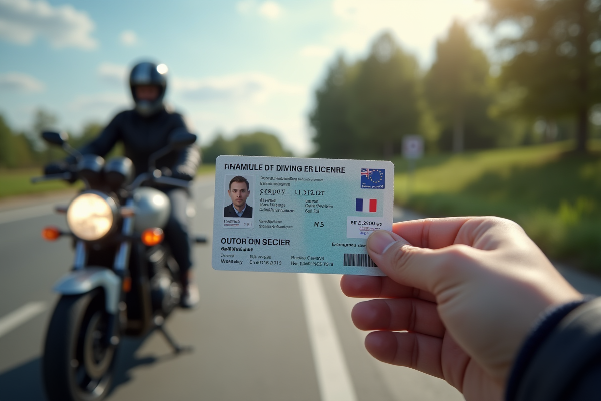 Main tenant permis moto avec moto floue en arrière-plan