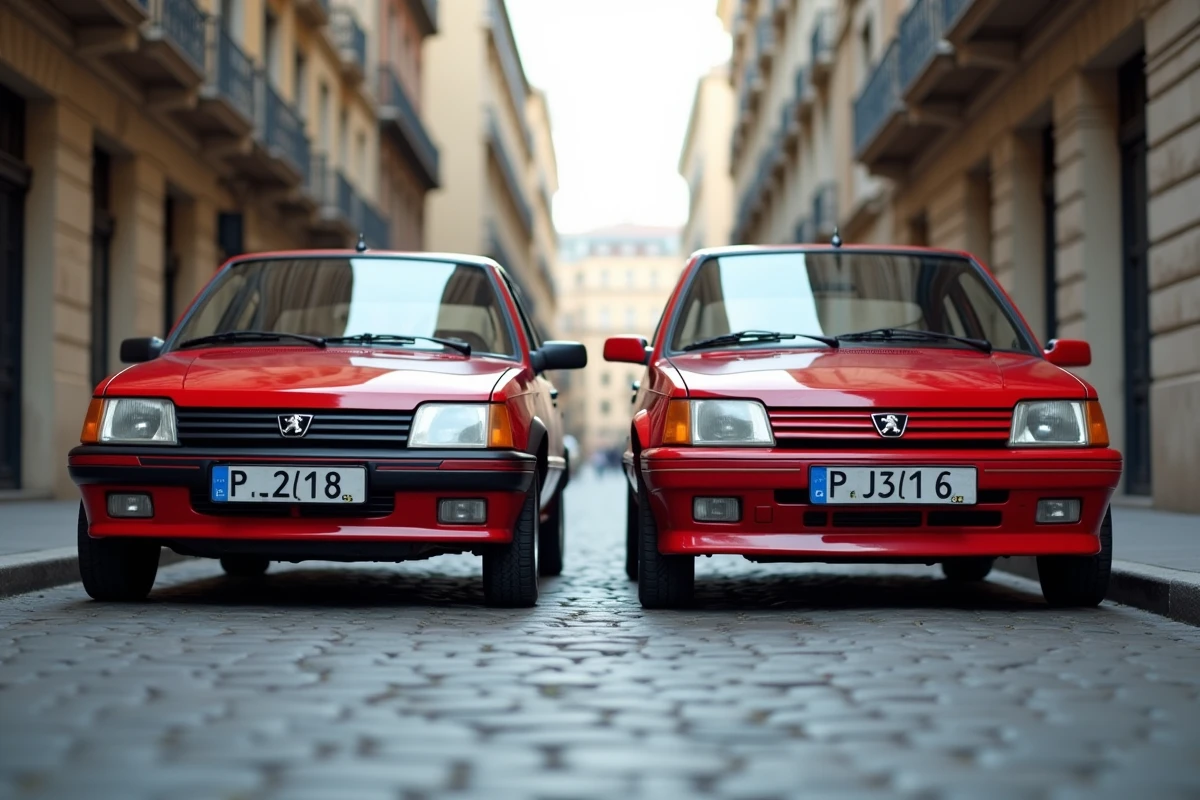 Peugeot 205 GTI rouge classique côte à côte avec une GTI moderne de 2026 dans une rue urbaine pavée