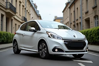 Peugeot 208 blanche garée en ville vue de trois quarts avant, comparatif moteurs essence et diesel
