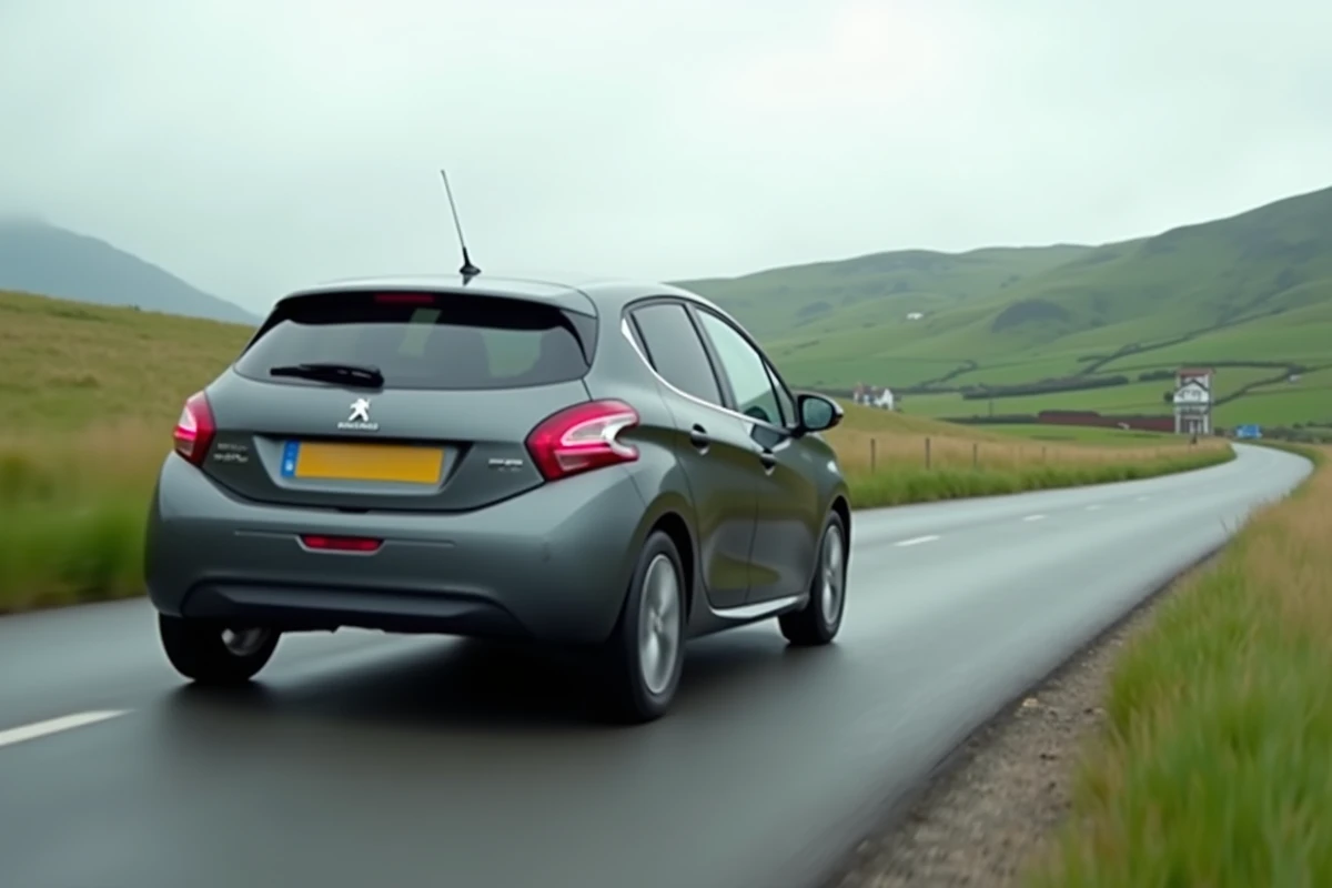 Peugeot 208 grise en conduite sur route de campagne, test comparatif moteur diesel BlueHDi et essence