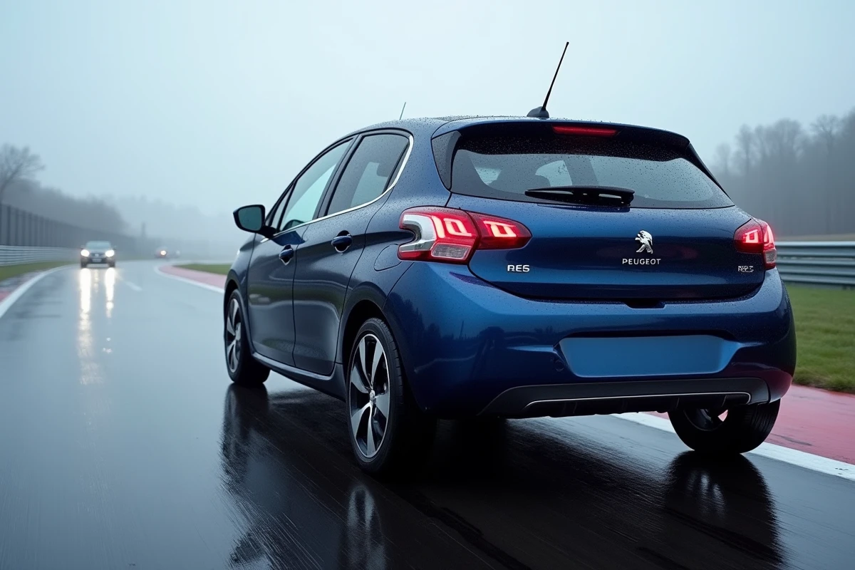 Peugeot 208 restylée 2026 en bleu nuit vue de trois quarts arrière sur circuit mouillé