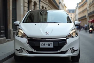 Peugeot 208 restylée 2026 en blanc nacré vue de face dans une rue parisienne