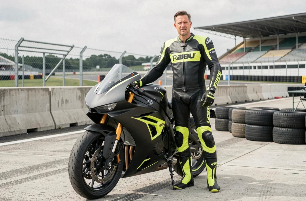 Pilote professionnel en combinaison de cuir debout à côté d'une moto superbike haute performance sur une piste de course homologuée