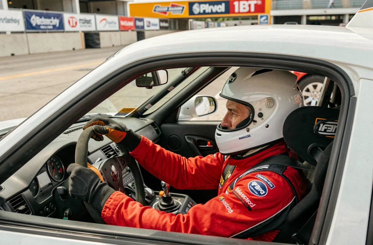 Pilote en combinaison de course rouge assis dans le cockpit d'une voiture de sport sur un circuit automobile professionnel
