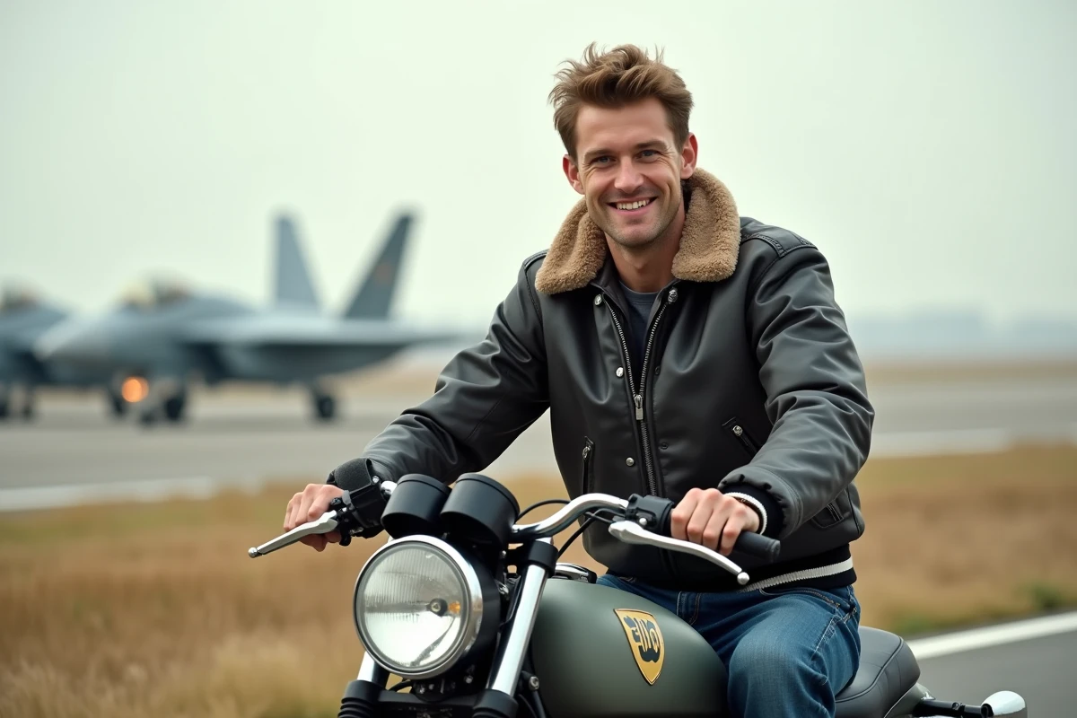 Jeune pilote en moto vintage près d'une piste d'atterrissage
