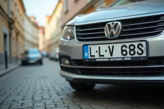 Gros plan sur une plaque d'immatriculation lettone LV fixée sur un véhicule garé dans une rue pavée de Riga