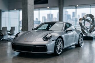 Porsche 911 Carrera argentée dans une concession automobile de luxe, illustration pour assurance voiture de prestige 2026