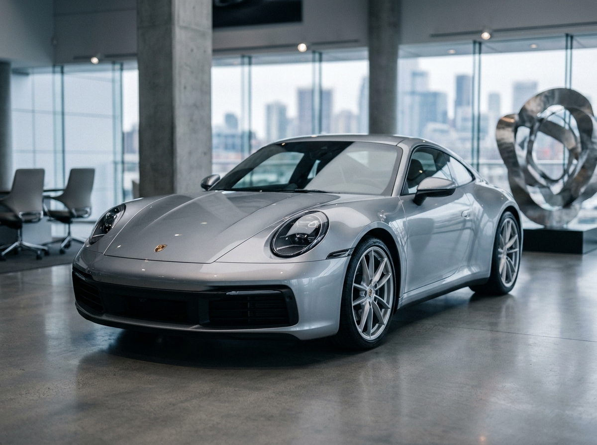 Porsche 911 Carrera argentée dans une concession automobile de luxe, illustration pour assurance voiture de prestige 2026