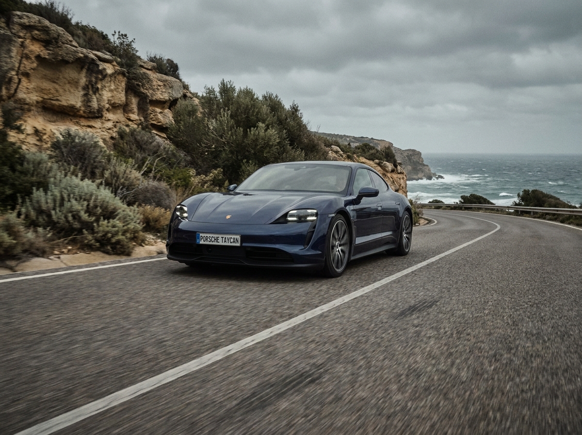 Porsche Taycan bleue marine en conduite sur route côtière, voiture de prestige assurée en 2026