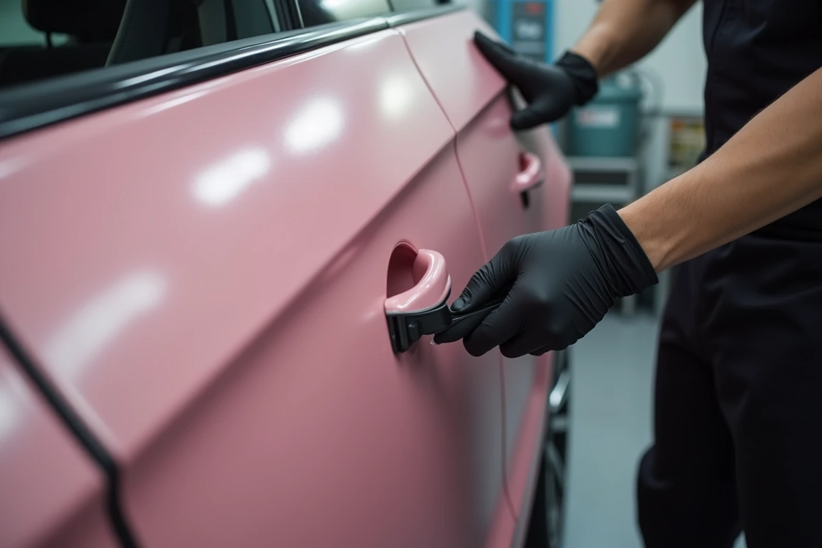 Technicien en train d'appliquer un film covering rose satiné sur la portière d'une Audi A1 en atelier