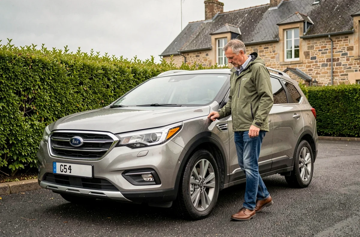 Client inspectant un SUV de location sur le parking de Postic Automobiles dans le Morbihan