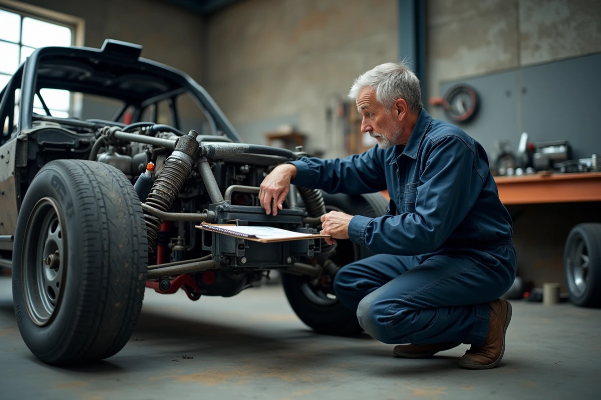 Mécanicien de rallye inspectant la suspension et la préparation mécanique d'une voiture de rallye terre occasion dans un atelier spécialisé
