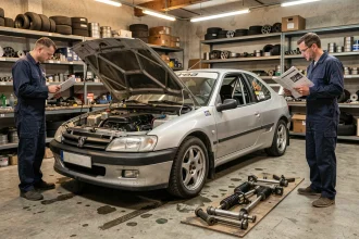 Mécanique d'une Peugeot 306 Maxi en préparation rallye dans un atelier avec deux mécaniciens inspectant la documentation technique