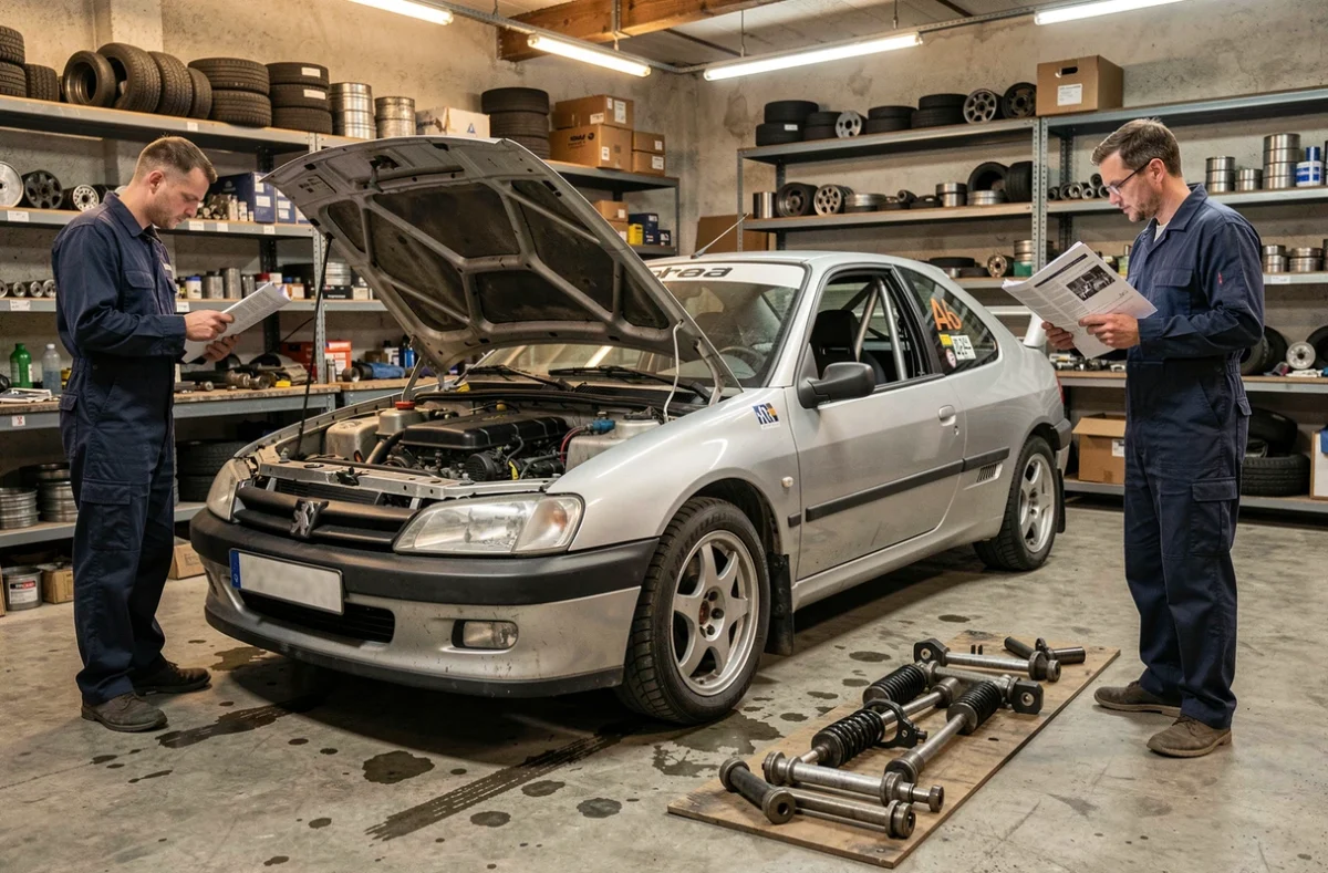Mécanique d'une Peugeot 306 Maxi en préparation rallye dans un atelier avec deux mécaniciens inspectant la documentation technique