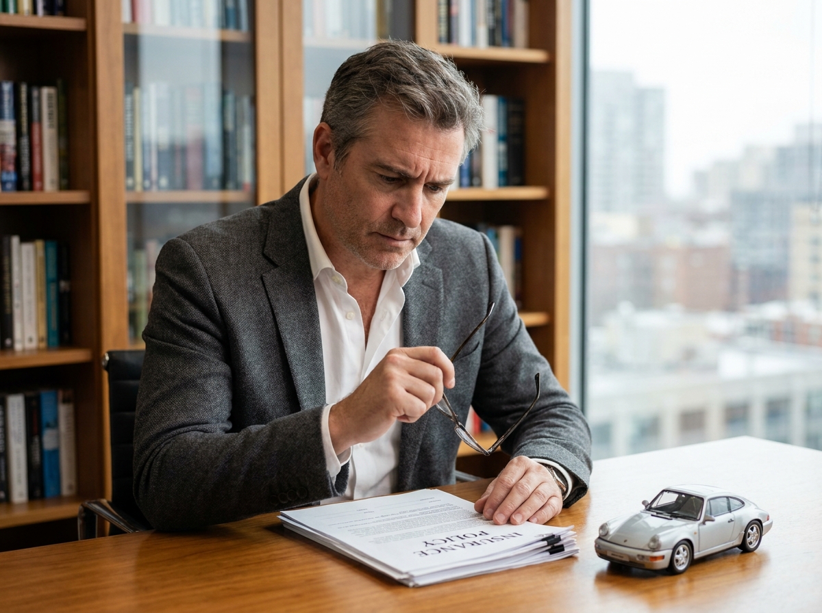 Propriétaire de Porsche consultant un contrat d'assurance pour voiture de prestige dans un bureau moderne