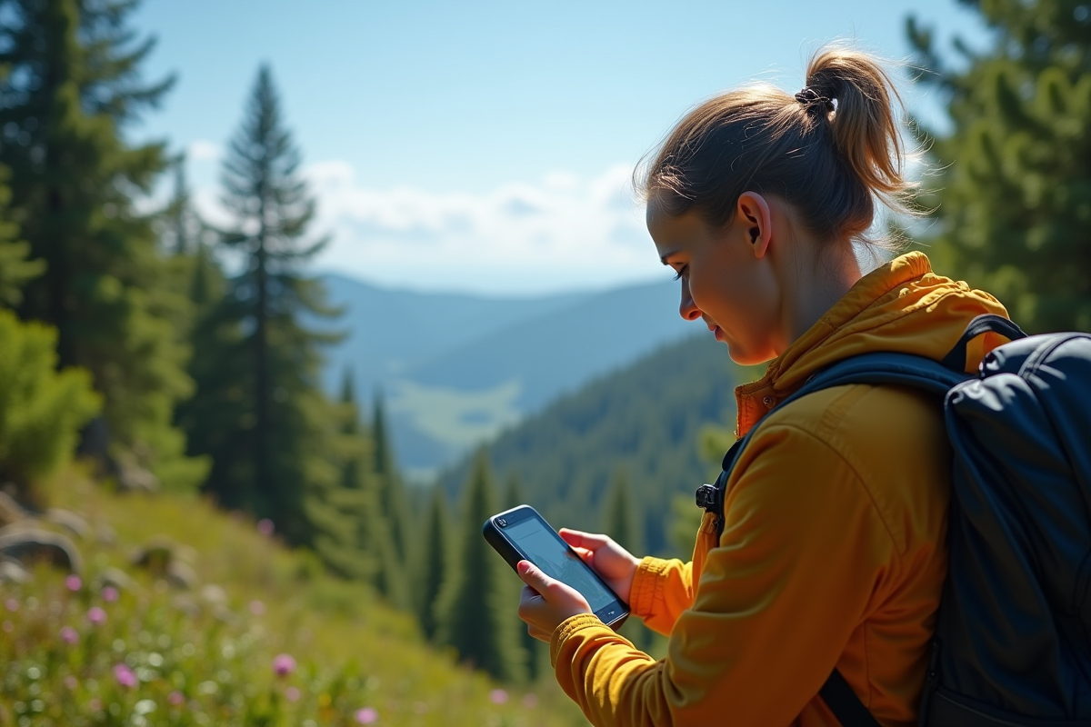 Randonneur utilisant un GPS en forêt ensoleillée