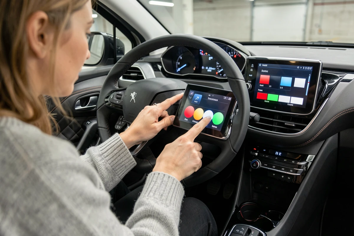 Femme sélectionnant une couleur d'éclairage ambiant sur l'écran tactile du tableau de bord d'une Peugeot 208