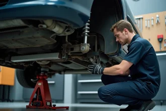 Technicien automobile réglant la géométrie du train arrière d'une Peugeot 206 dans un atelier professionnel
