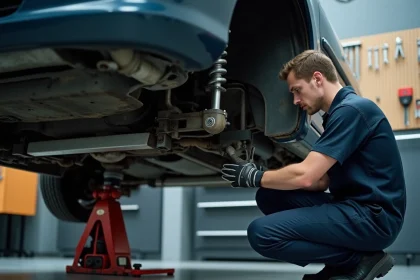 Technicien automobile réglant la géométrie du train arrière d'une Peugeot 206 dans un atelier professionnel