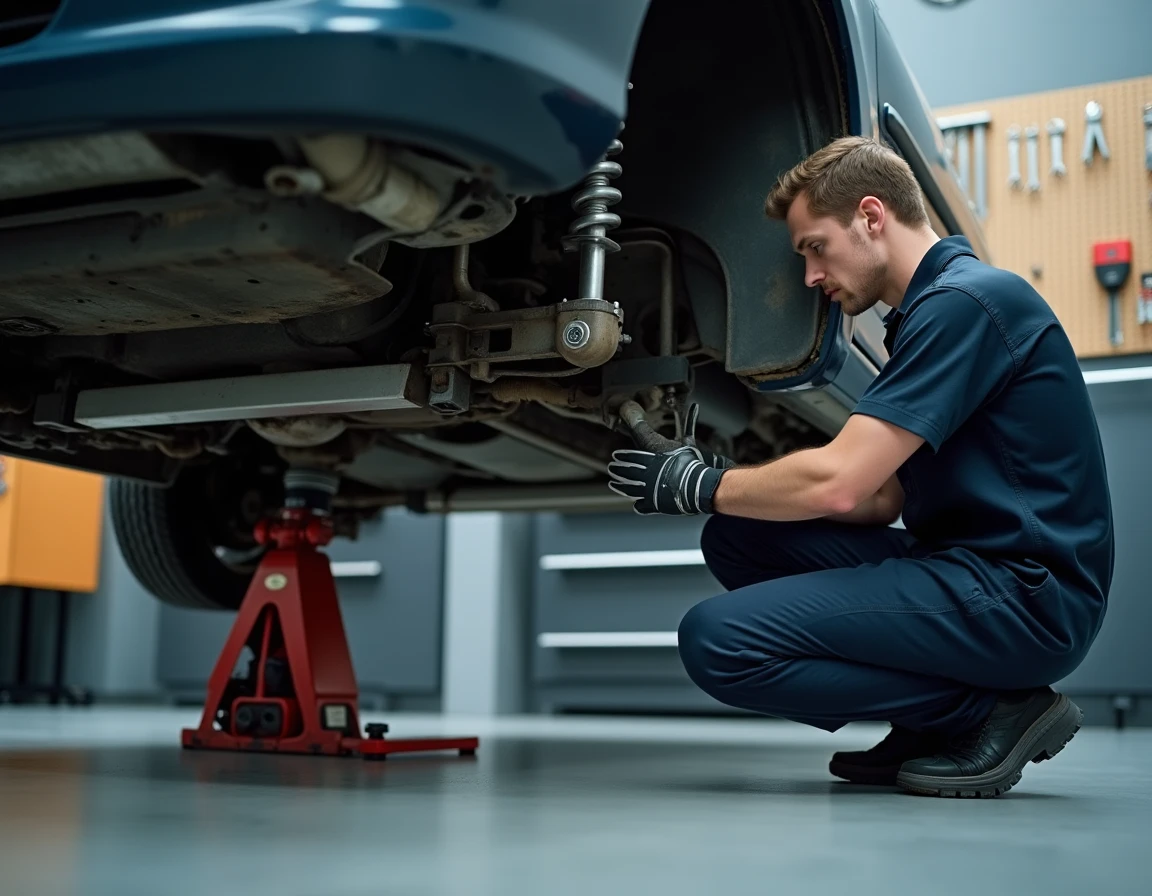 Technicien automobile réglant la géométrie du train arrière d'une Peugeot 206 dans un atelier professionnel