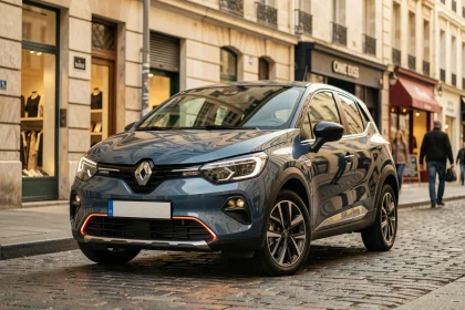 Renault R5 hybride garée dans une rue urbaine française, vue en angle 3/4 avant mettant en valeur son design rétro-moderne