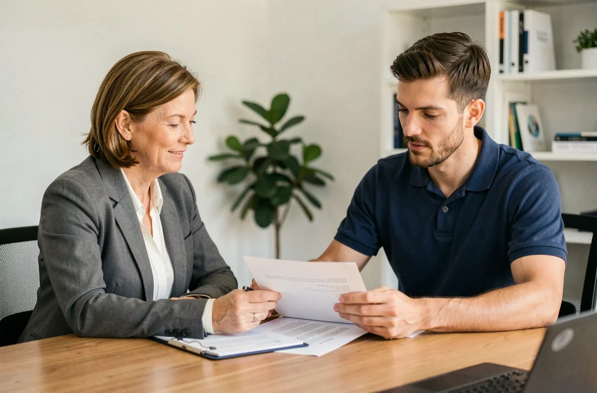 Conseillère en assurance et chauffeur VTC examinant un contrat de responsabilité civile professionnelle dans un bureau moderne