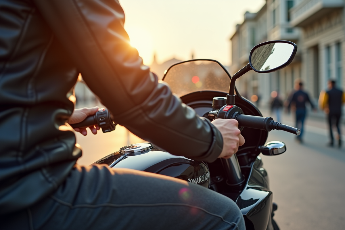 Cavalier sur moto en ville avec support téléphone