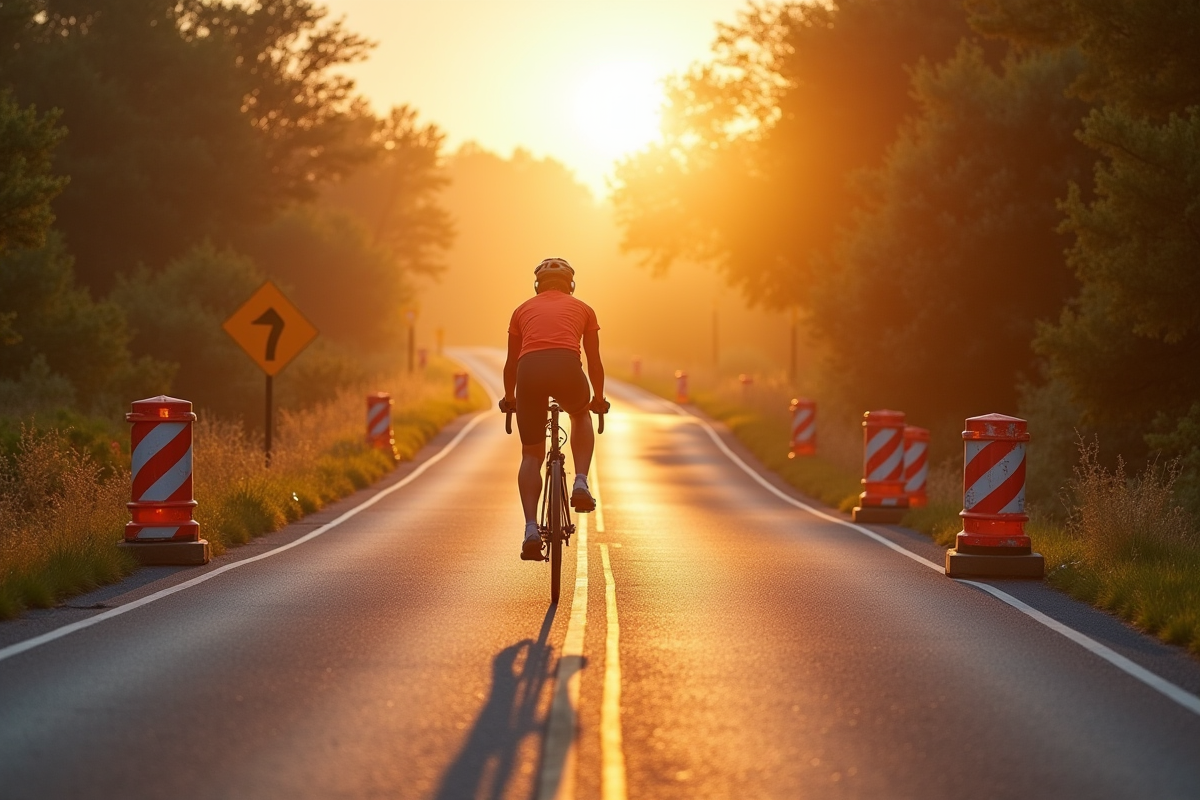 Cycliste en securite sur route rurale avec barrières et panneaux