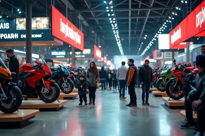 Vue panoramique des stands du Salon du 2 Roues de Lyon avec visiteurs et motos exposées sur des plateformes