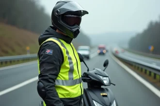 Motard en gilet haute visibilité et équipements obligatoires à côté d'un scooter 125 sur l'accotement d'une autoroute française