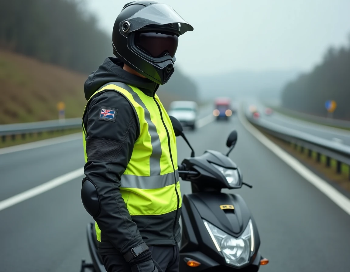 Motard en gilet haute visibilité et équipements obligatoires à côté d'un scooter 125 sur l'accotement d'une autoroute française