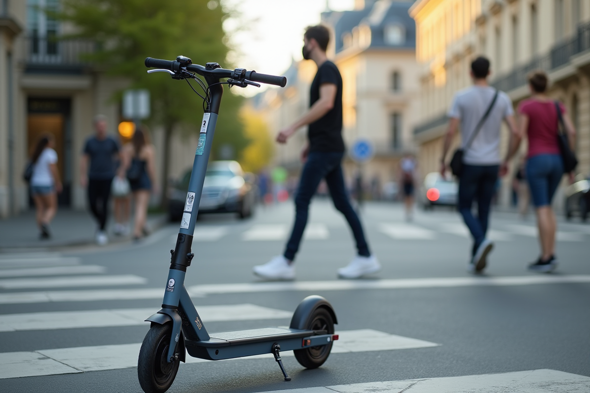 Scooter électrique garé près d un passage piéton devant une mairie en France