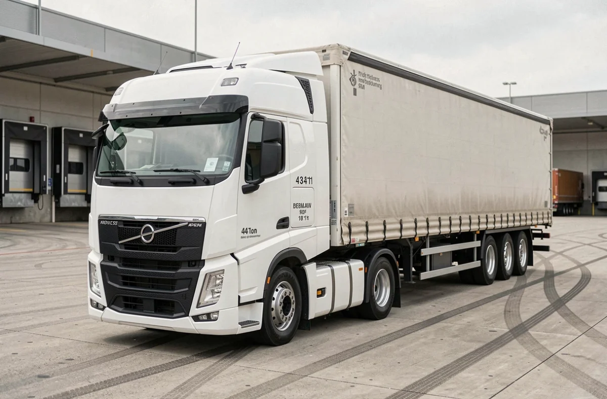 Semi-remorque 44 tonnes en stationnement dans un terminal logistique, vue trois quarts avant montrant les dimensions et l'empattement du véhicule