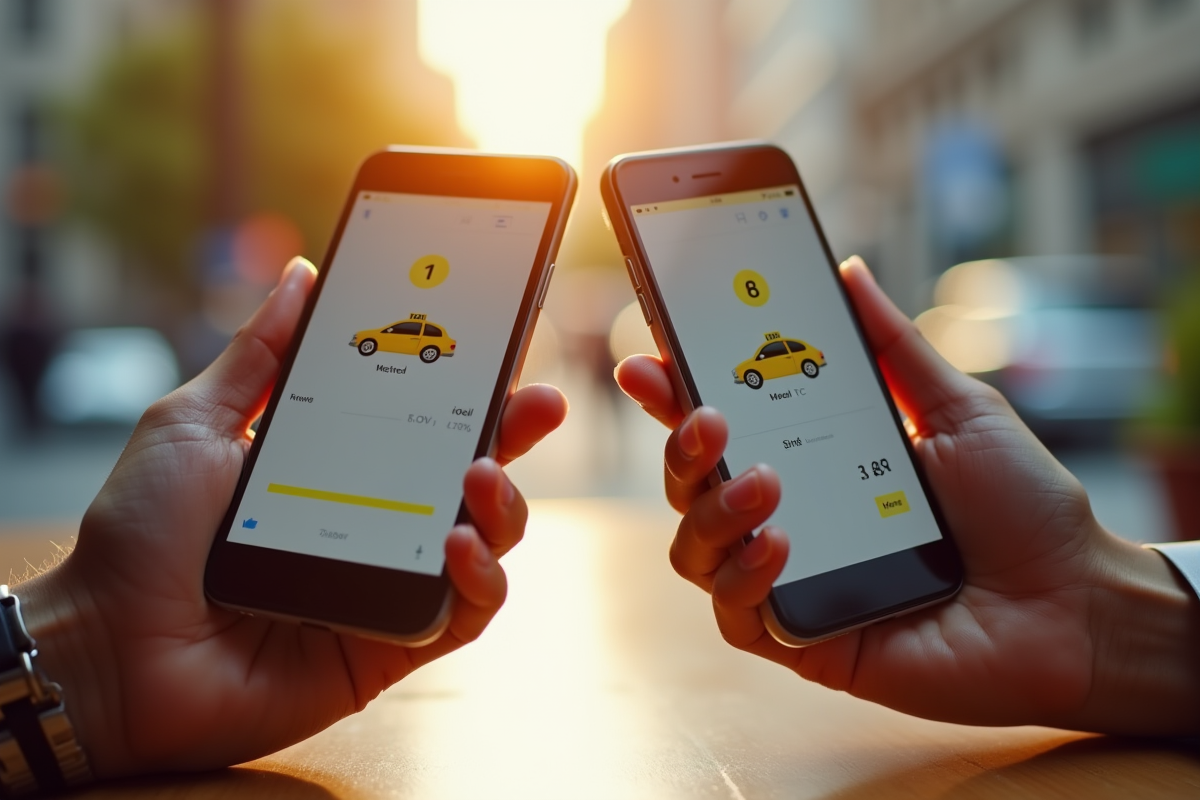 Deux mains tenant des smartphones avec application taxi et VTC