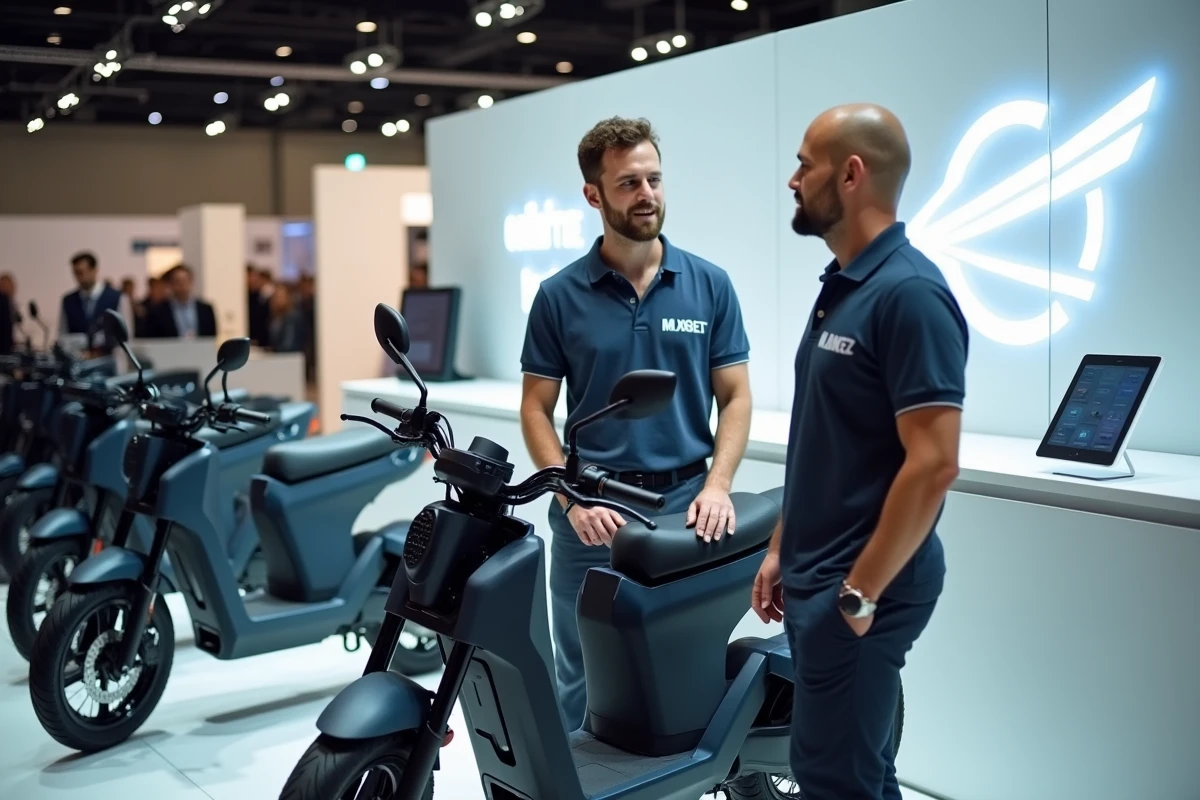 Représentants d'une marque de motos électriques sur leur stand lors du Salon du 2 Roues de Lyon 2026