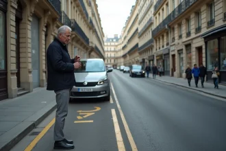 Homme garé temporairement sur une zone de livraison à points jaunes dans une rue parisienne étroite