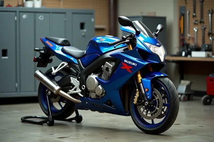 Suzuki GSX-R 750 dans un atelier mécanique avec les carénages partiellement retirés pour inspection technique
