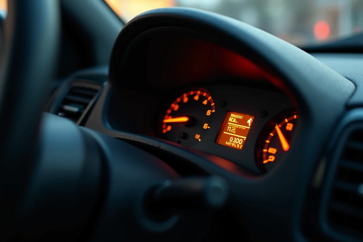 Tableau de bord Peugeot affichant un voyant défaut moteur et une surconsommation de carburant anormale