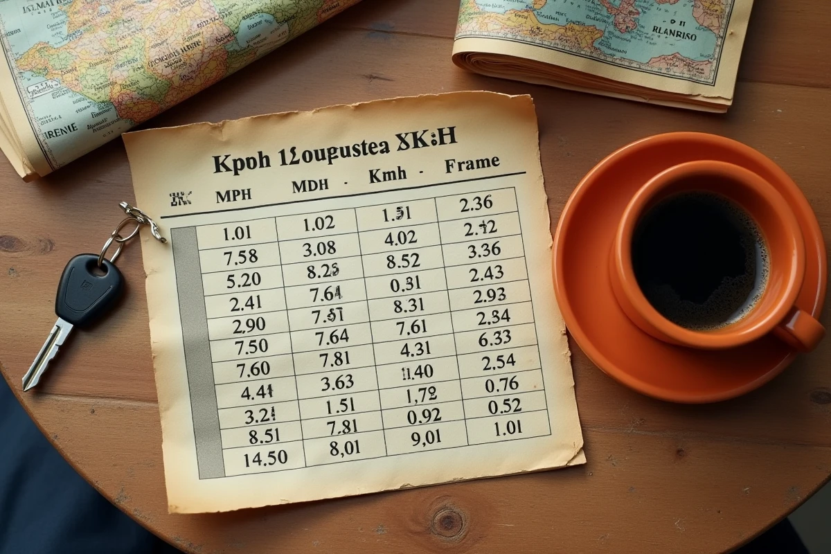 Tableau de conversion mph en km/h posé sur une table de café en France avec une carte routière européenne et des clés de voiture