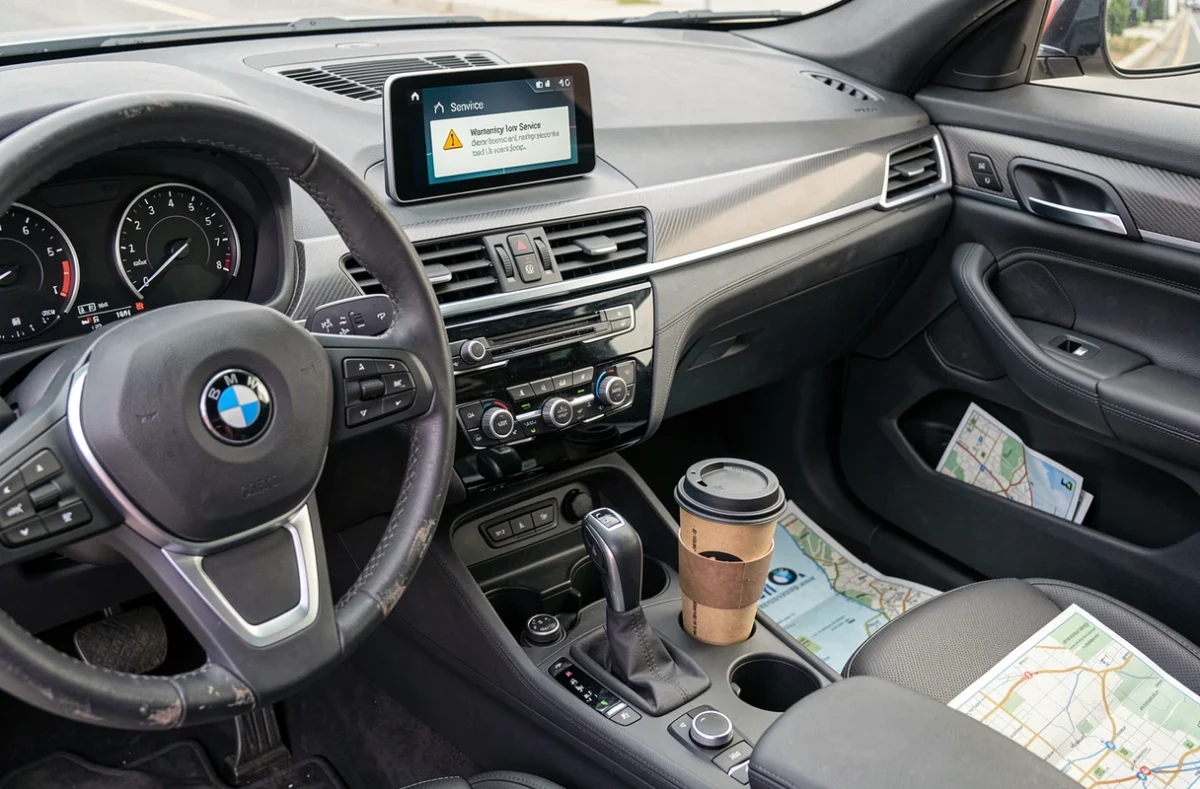 Tableau de bord BMW X1 F48 avec message d'alerte sur l'écran central, intérieur réaliste illustrant les problèmes de fiabilité électronique