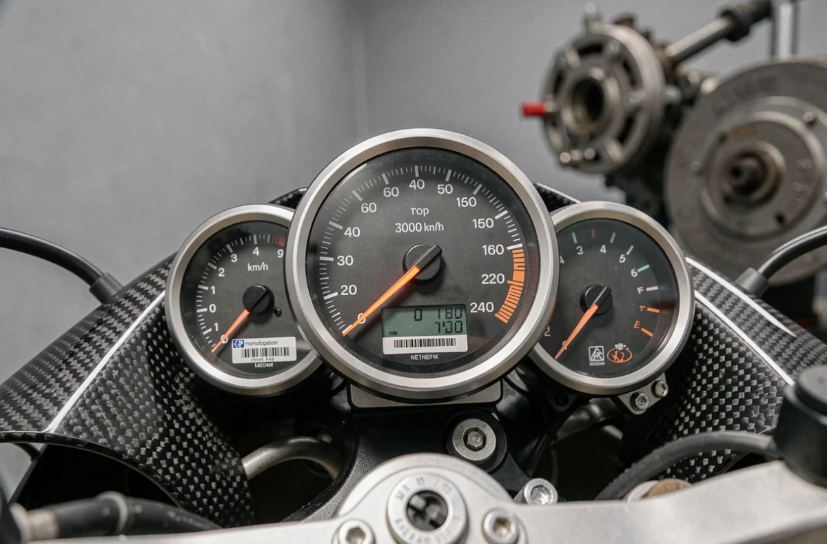 Gros plan du tableau de bord d'une moto haute performance affichant une vitesse maximale et des éléments d'homologation légale