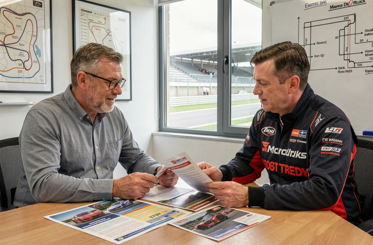 Client et instructeur de stage de pilotage consultant une brochure tarifaire dans une salle de briefing d'un circuit automobile