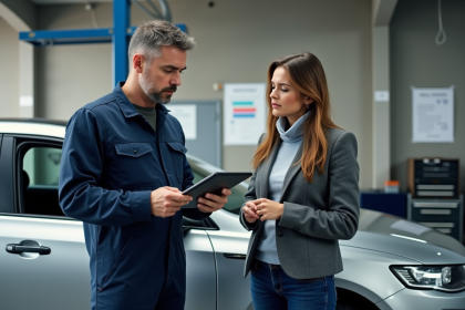 Technicien auto expliquant un rapport d inspection à une femme