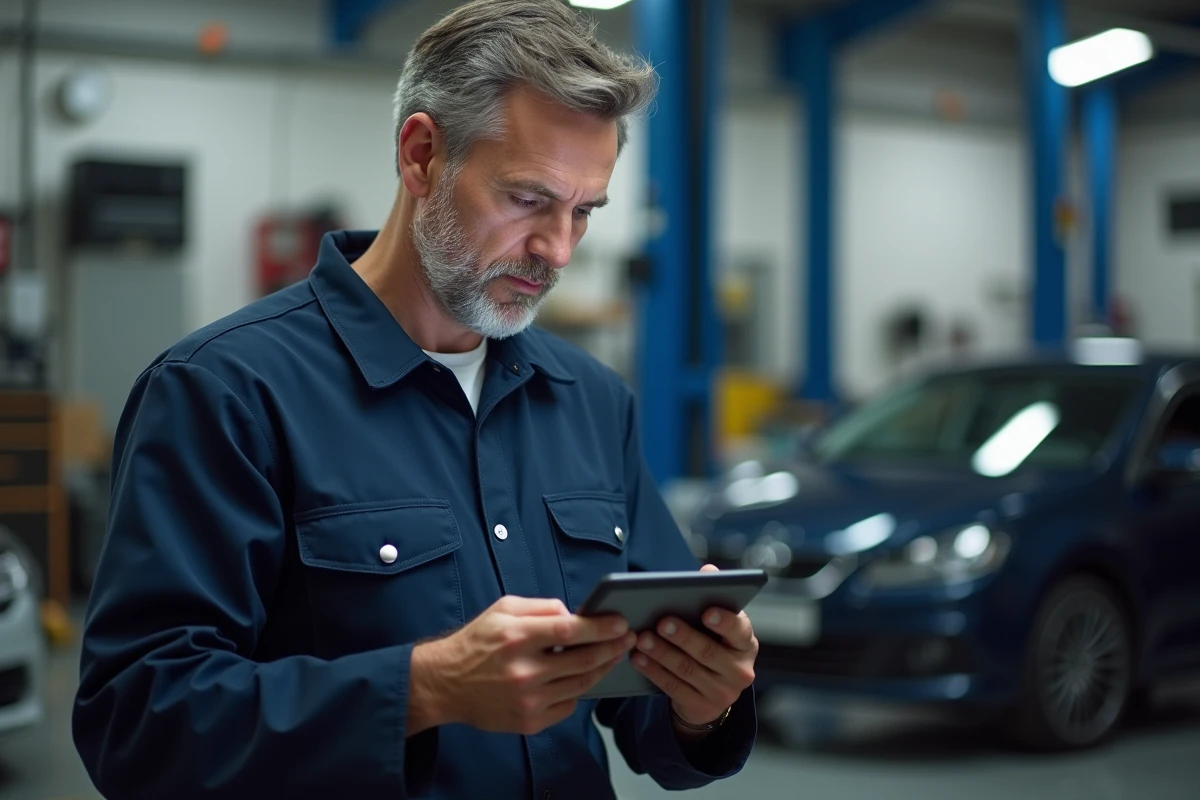Mécanicien homme en uniforme examine une tablette diagnostic auto