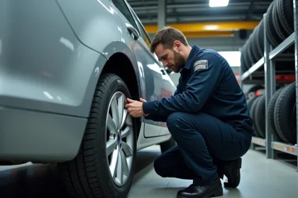 Technicien Centrale Pneus inspectant un pneu monté dans un atelier automobile moderne