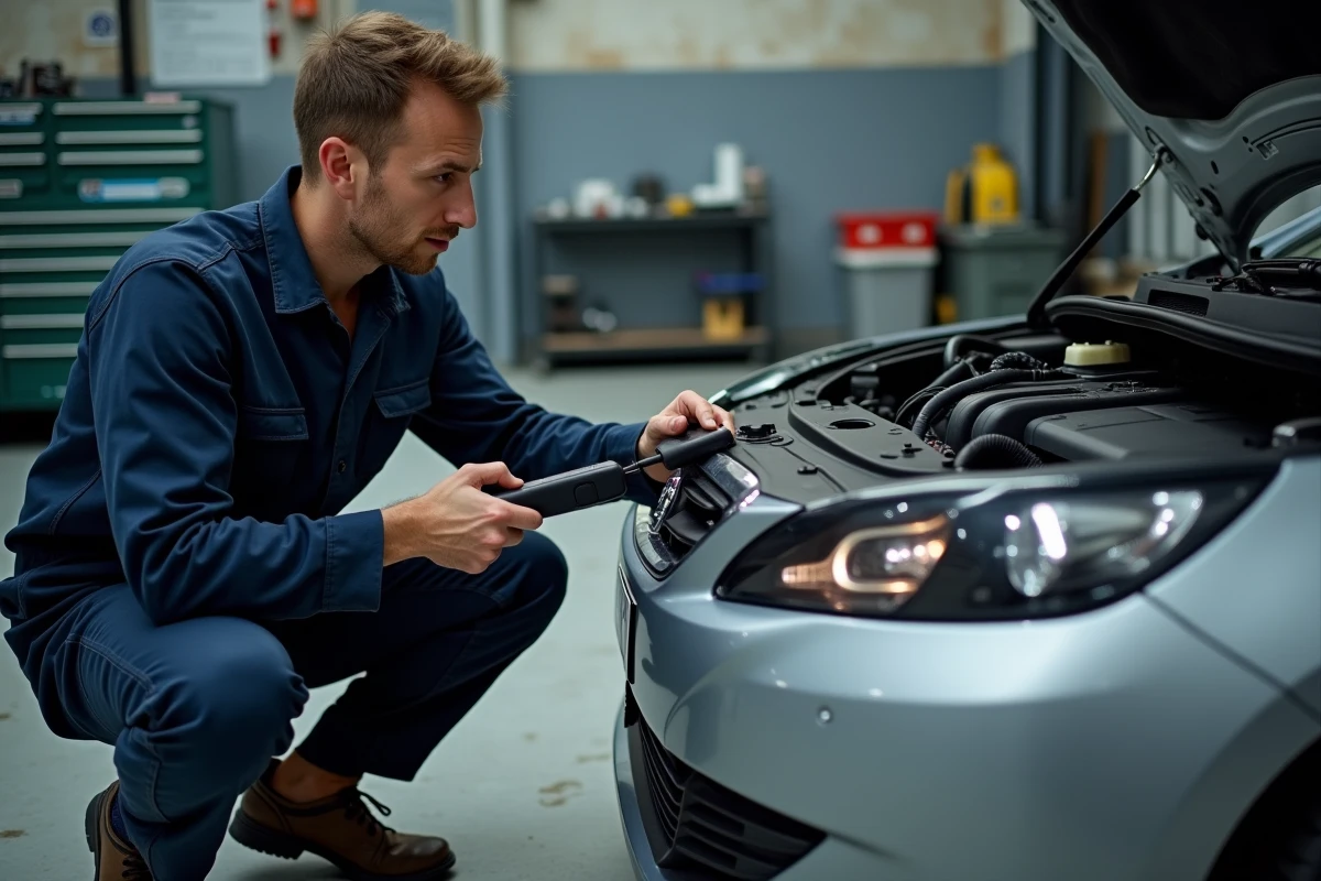 Technicien automobile connectant un scanner OBD sur une Peugeot 308 en mode dégradé dans un garage professionnel