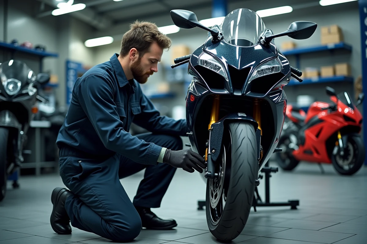 Technicien mécanique inspectant les freins et la fourche d'une Suzuki GSX-R 750 dans un centre de service agréé