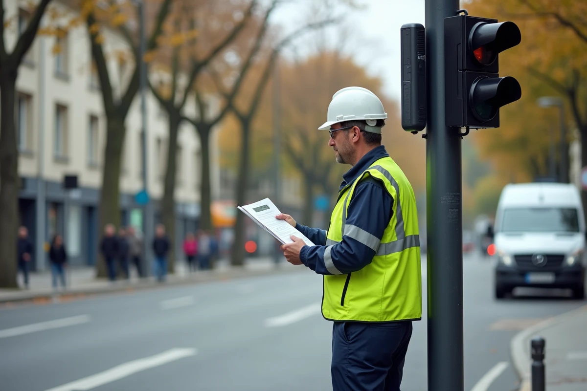 Technicien municipal inspectant un bo&icirc;tier radar feu rouge sur un poteau de signalisation en ville